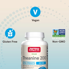 Non-GMO and gluten-free symbols on Jarrow Theanine 200mg packaging