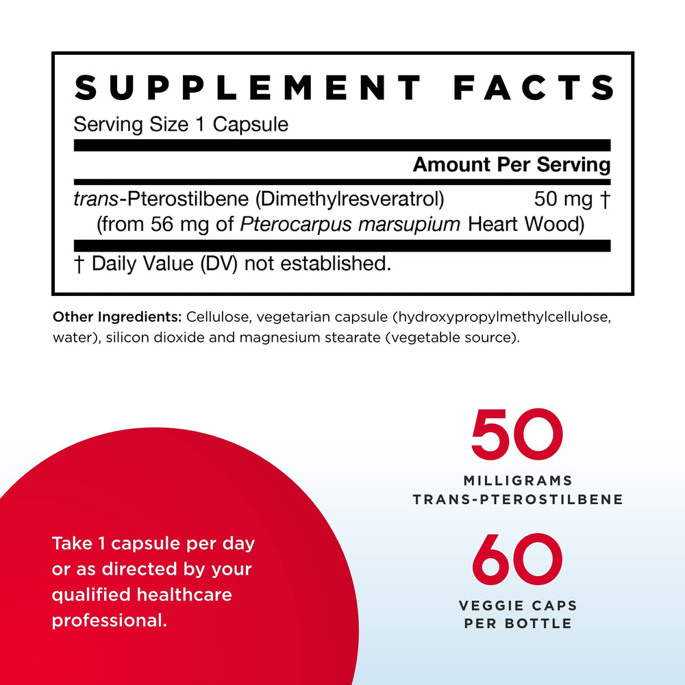 Jarrow Formulas trans-Pterostilbene bottle back label with ingredient details.