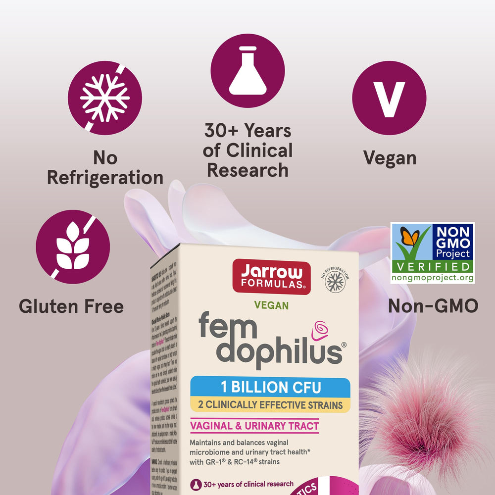 Vegan labeling on Fem-Dophilus packaging highlights dietary suitability