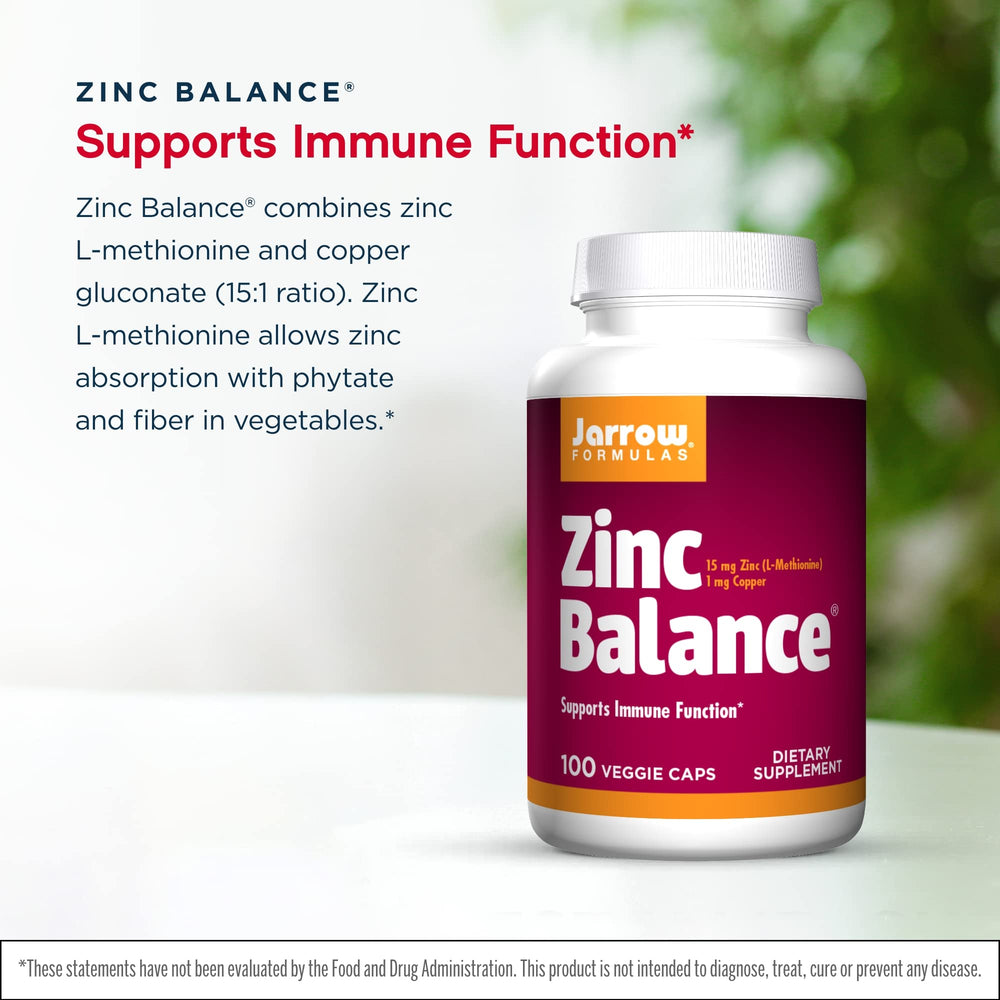 Jarrow Formulas Zinc Balance capsules closeup displaying 100 vegan capsules