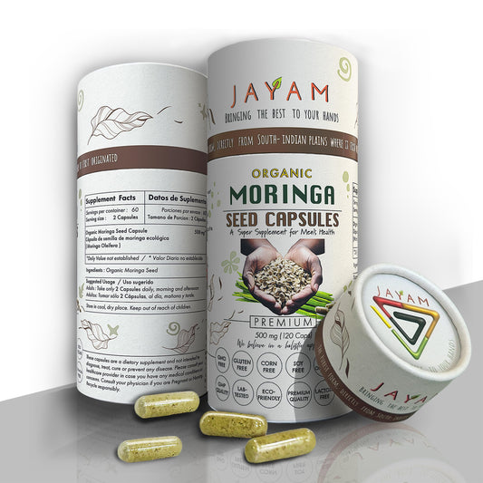 JAYAM Moringa Seed Capsules bottle close-up highlighting energy support.