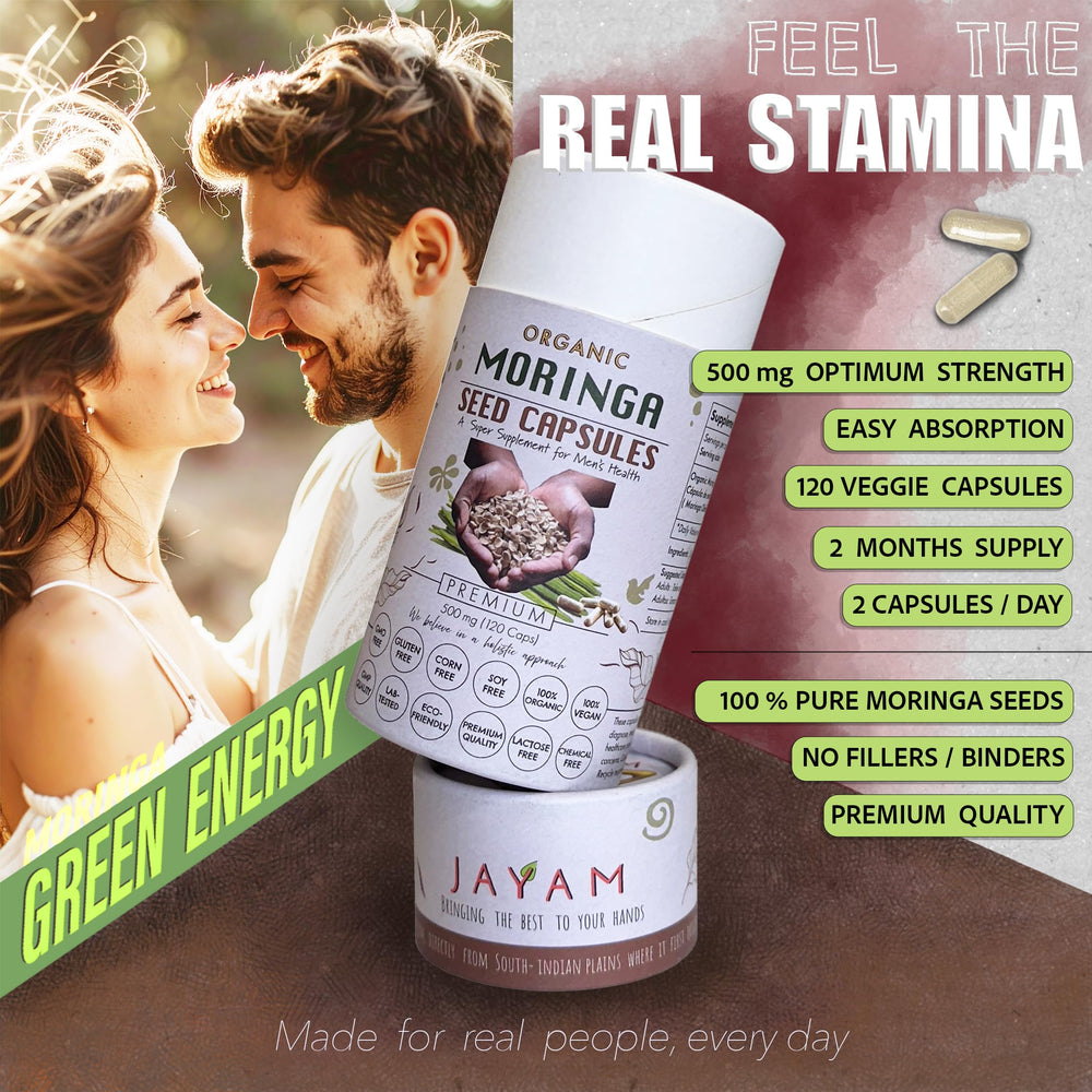 JAYAM Moringa Seed Capsules two-capsule daily dose supports energy.