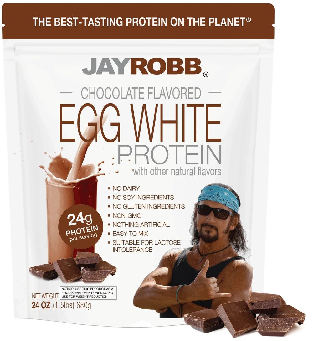 JAYROBB Chocolate Egg White Protein bag front highlights 24 g protein per serving.