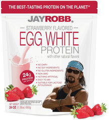 Jay Robb Strawberry Egg White Protein powder jar with premium formula.