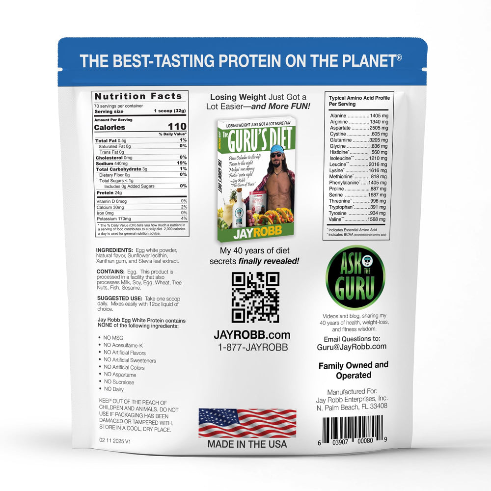 JAYROBB Vanilla Egg White Protein bag back shows lactose-free, artificial-free attributes.