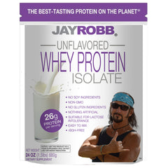 Jay Robb whey isolate powder bag highlights clean nutrition for quick fueling.