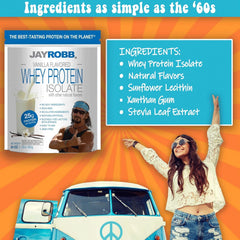 JAYROBB Whey Protein Vanilla bottle close-up shows lactose-free formula
