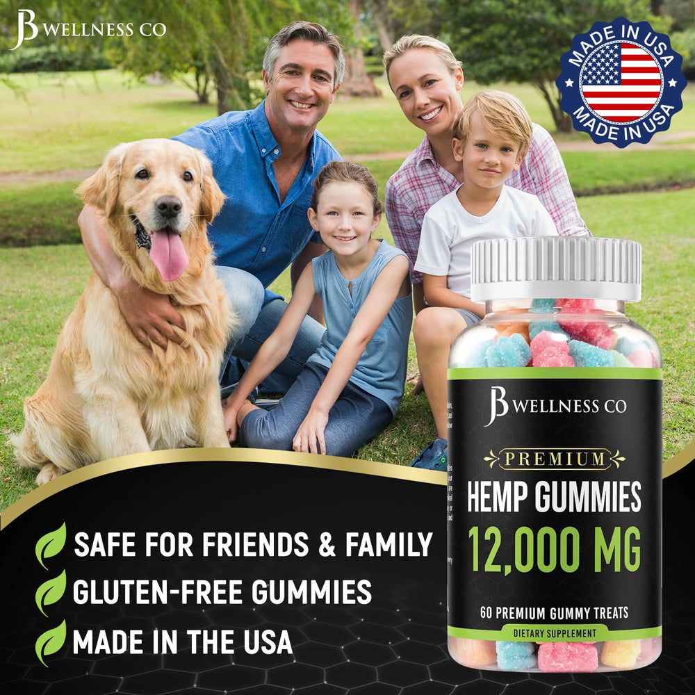 JB Wellness Co bottle pour shows omega-3–9 enriched gummies for wellness.