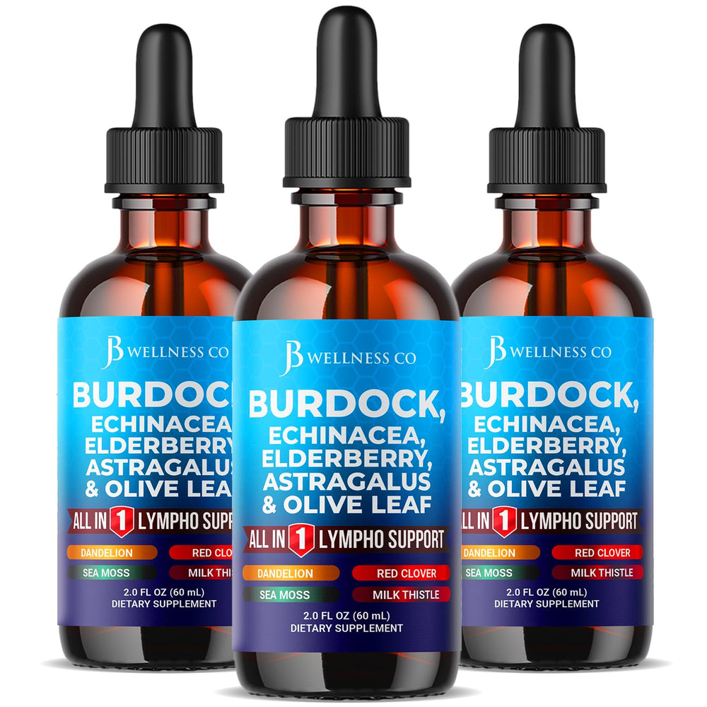 JB Wellness Co Burdock Lymphatic Drops bottle highlighting premium liquid formula for daily support.
