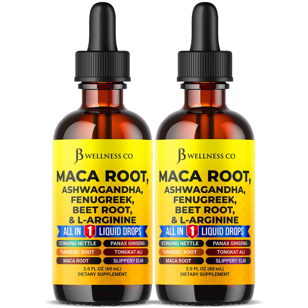 JB Wellness Co Maca Root Liquid Drops bottle highlighting daily vitality support.
