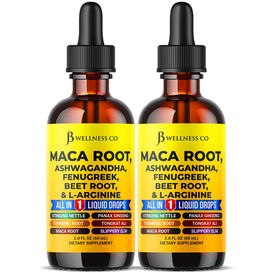 JB Wellness Co Maca Root Liquid Drops bottle highlighting daily vitality support.