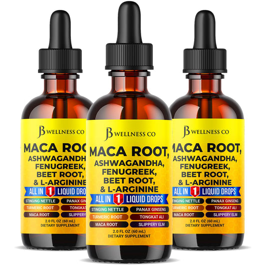 JB Wellness Co maca root liquid drops bottle close-up for daily energy.
