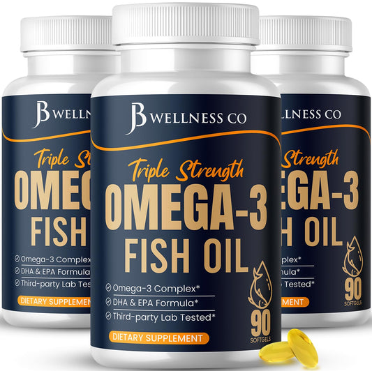 JB Wellness Co Triple Strength Omega-3 bottle front with dosage clearly shown