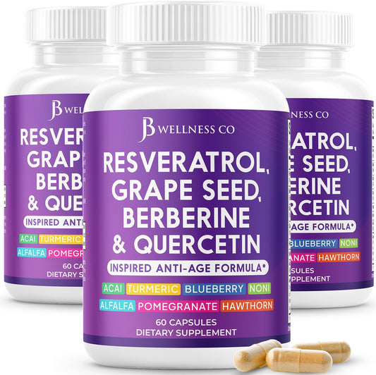 JB Wellness Co Resveratrol bottle with polyphenol blend for daily vitality.