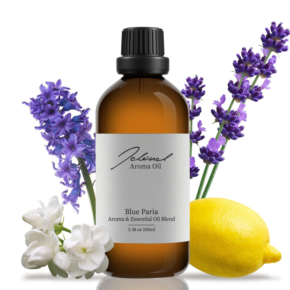 JCLOUD Blue Paria bottle closeup shows premium aromatherapy notes for home scent.
