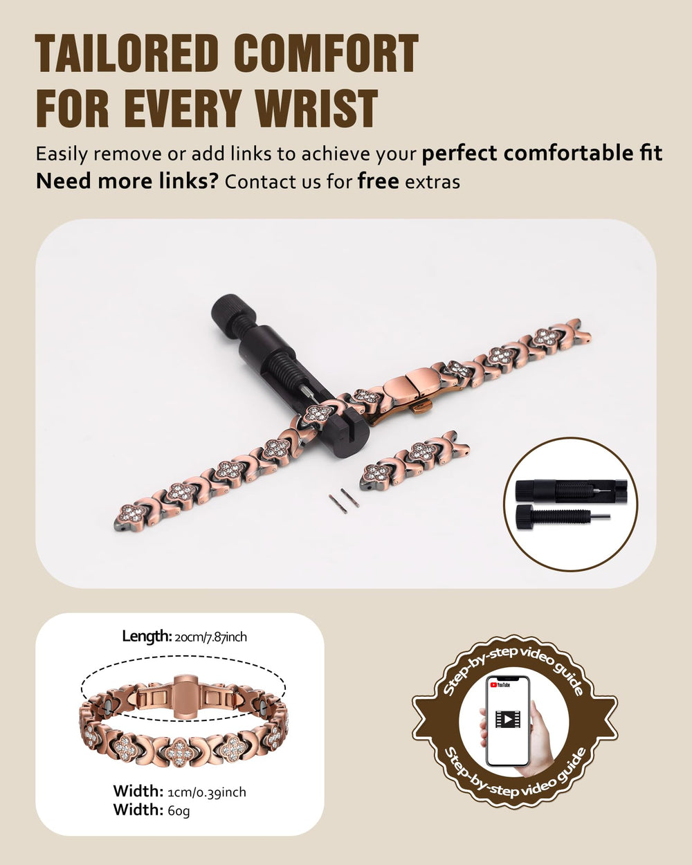 Jecanori adjustment tool included for quick, precise sizing of the bracelet.