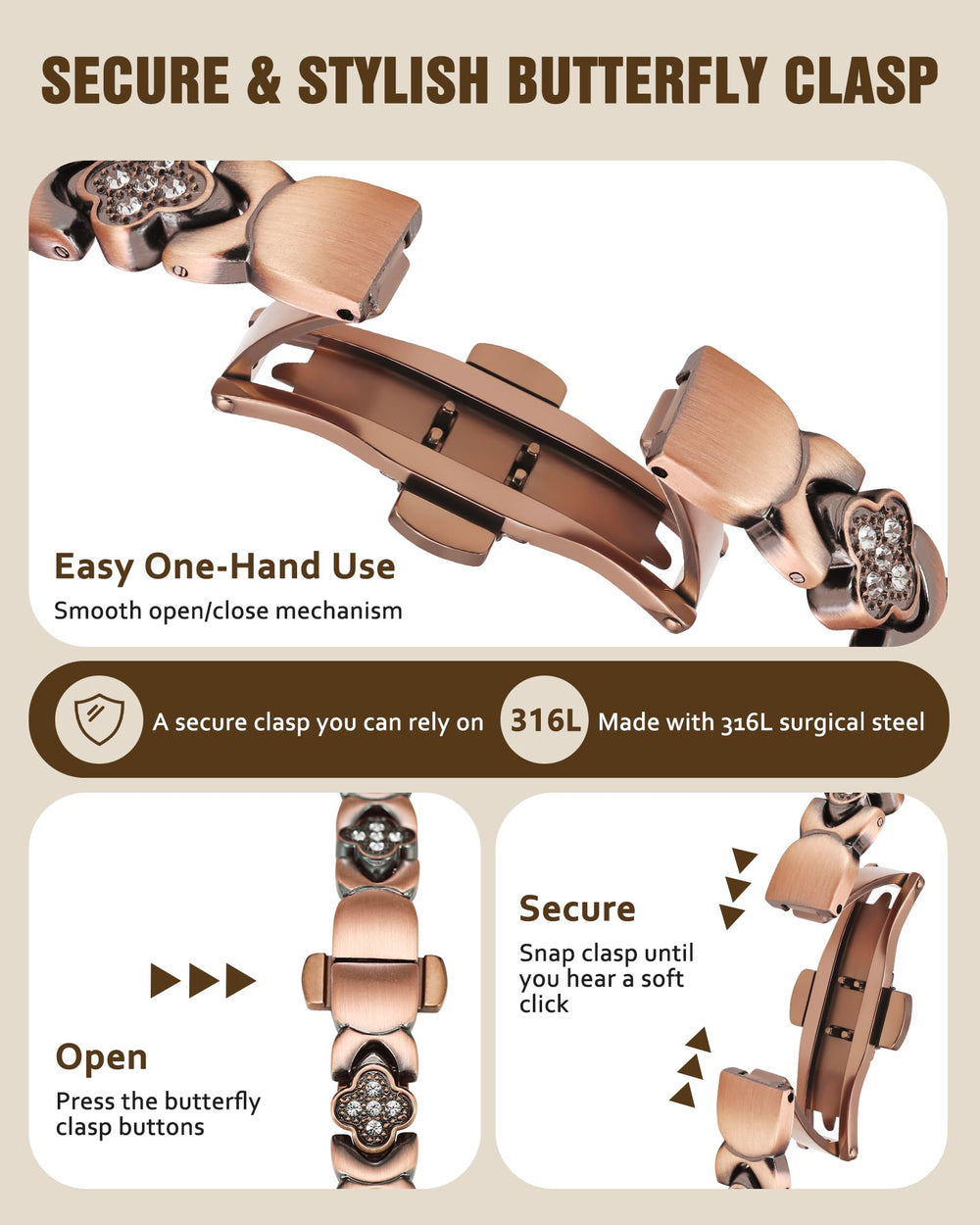 Jecanori hypoallergenic copper for comfortable all-day wear on sensitive skin.