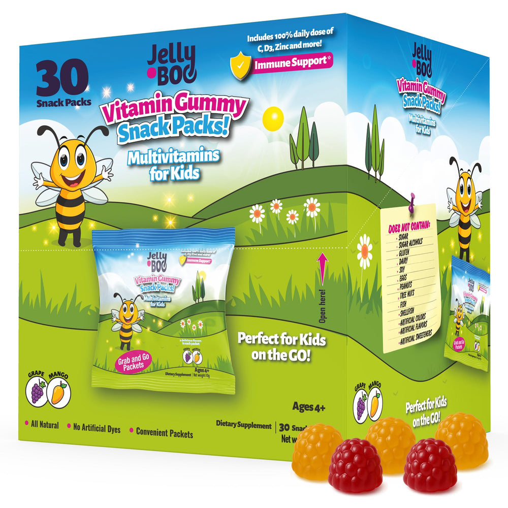 Jelly.Boo Kids Daily Multivitamin gummies in travel packs for on-the-go immune support.