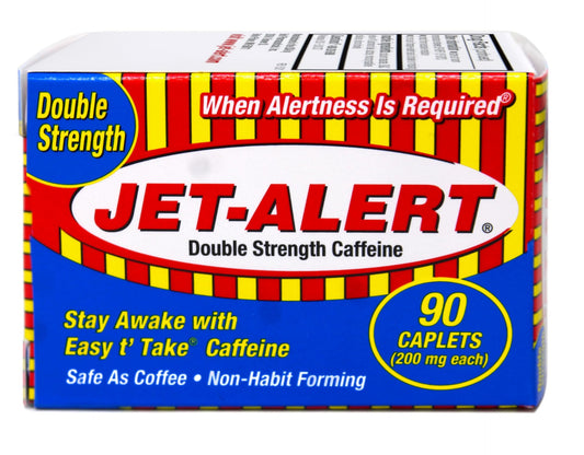 Jet Alert double strength caplets bottle closeup shows fast alertness support.