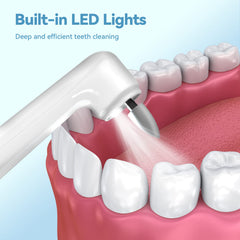 Jeyoe Tooth Polisher pointed bristle brush head targets tight interdental spaces.