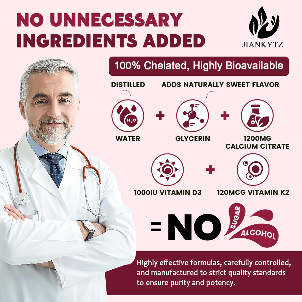 JIANKYTZ absorption-optimized liquid calcium for fast uptake without stomach acidity.