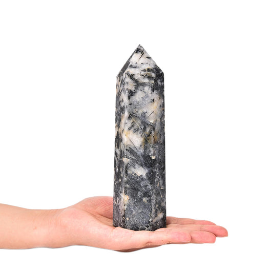 JIC Gem black and white tourmaline tower top view showing dual crystals for protective energy