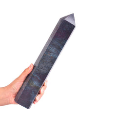 JIC Gem blue green ruby zoisite wand, angle one, enhances meditation focus.