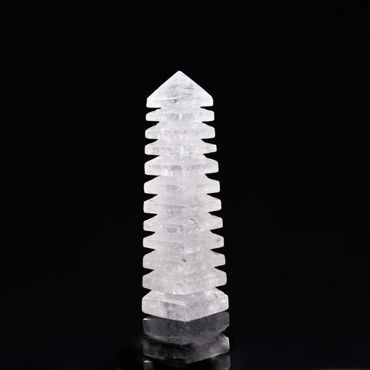 JIC Gem clear quartz tower top view, calm and centered energy.