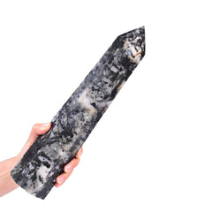 JIC Gem extra large black and white tourmaline obelisk tower for energy balance and decor.
