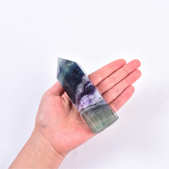 JIC Gem fluorite crystal tower closeup for meditation and energy balance.