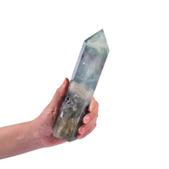 JIC Gem fluorite obelisk tower with vibrant colors for meditation and decor.