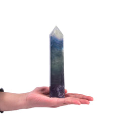 JIC Gem large fluorite wand six-sided crystal with vivid color bands for energy focus.