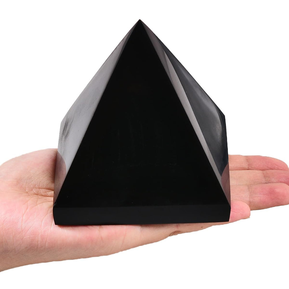JIC Gem large black obsidian pyramid front view for desk decor and focus
