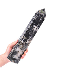 JIC Gem large black and white tourmaline obelisk with hexagonal facets for energy balance.
