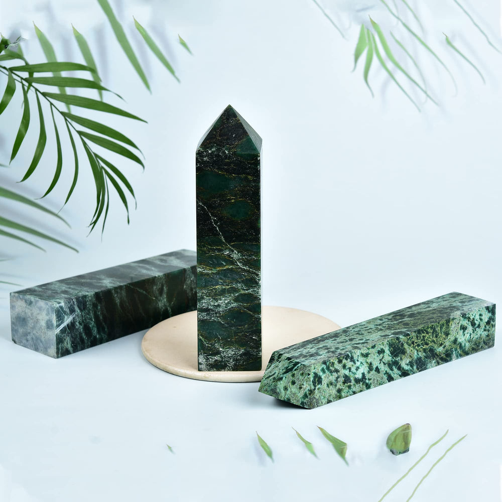 JIC Gem large green crystal wand enhances meditation room ambience.