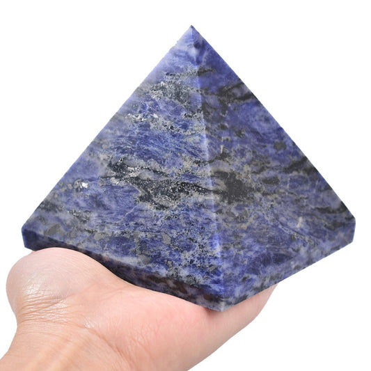 JIC Gem large sodalite pyramid in full view, ideal as calm centerpiece.