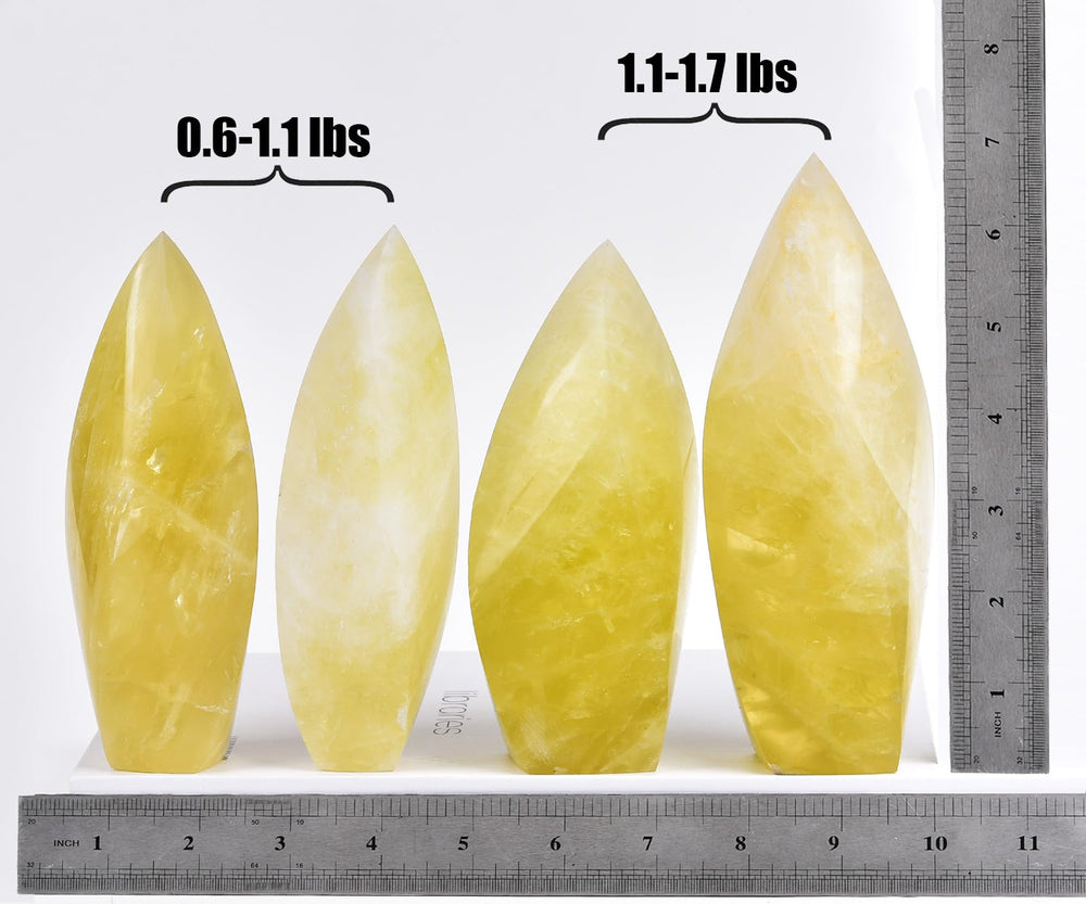 JIC Gem Lemon Quartz Obelisk close apex highlights energy focus and decor appeal.
