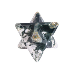 JIC Gem Moss Agate Merkaba front view with moss inclusions supports meditation focus.