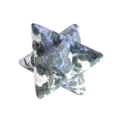 JIC Gem Moss Agate Merkaba side view emphasizes symmetry for mindful energy work.