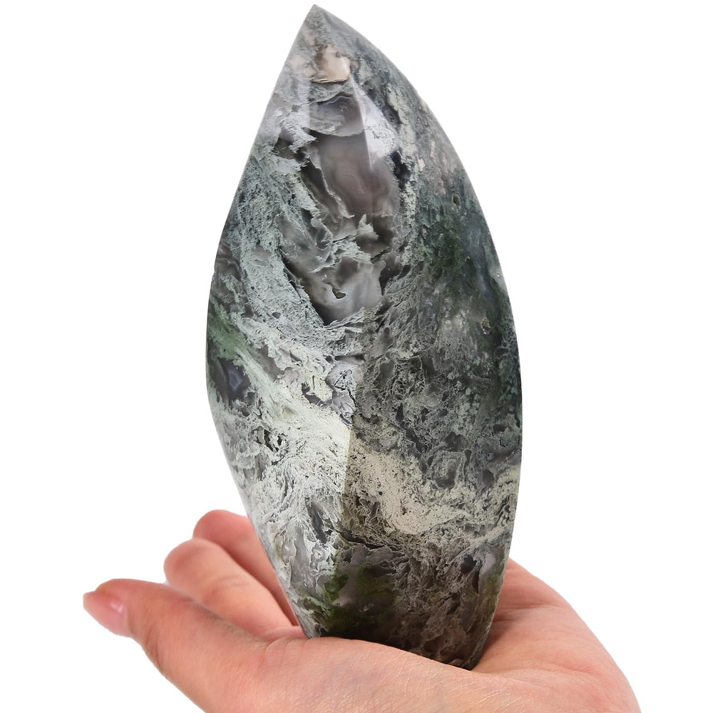 JIC Gem Moss Agate Tower side view enhances calm ambiance.