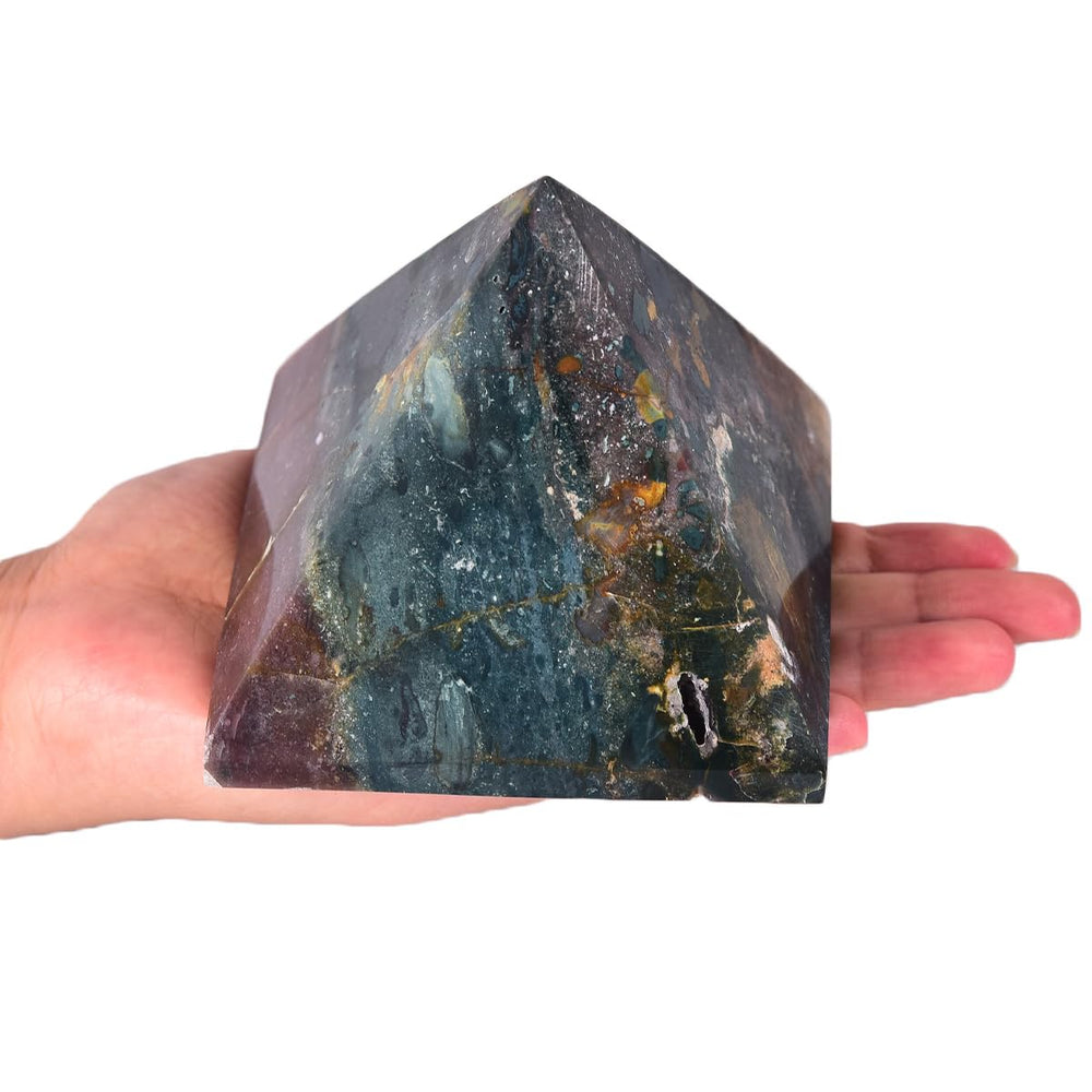 JIC Gem Ocean Jasper pyramid closeup highlights natural color variation for display appeal