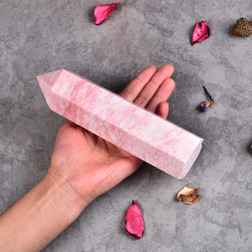 JIC Gem pink powder opal quartz obelisk tower enhances crystal collections and feng shui ambience.