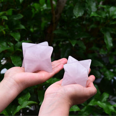 JIC Gem rose quartz merkaba closeup highlights sacred geometry and calm energy.