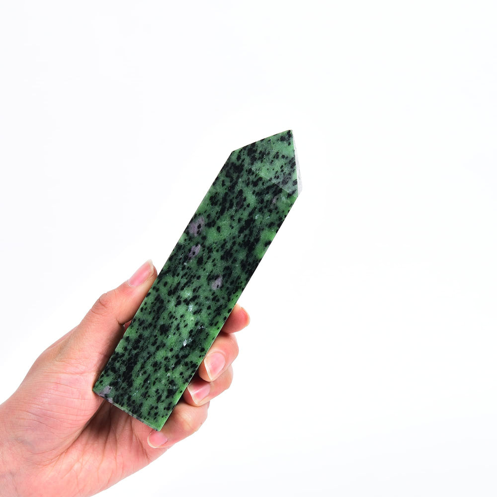 JIC Gem Ruby Zoisite obelisk front view, highlighting red-green contrast for mood-boosting decor