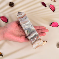 JIC Gem striped agate obelisk tower supports energetic balance for spaces.