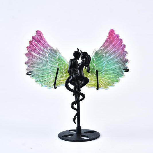 JIC Gem titanium coated selenite angel wing with iridescent glow for display
