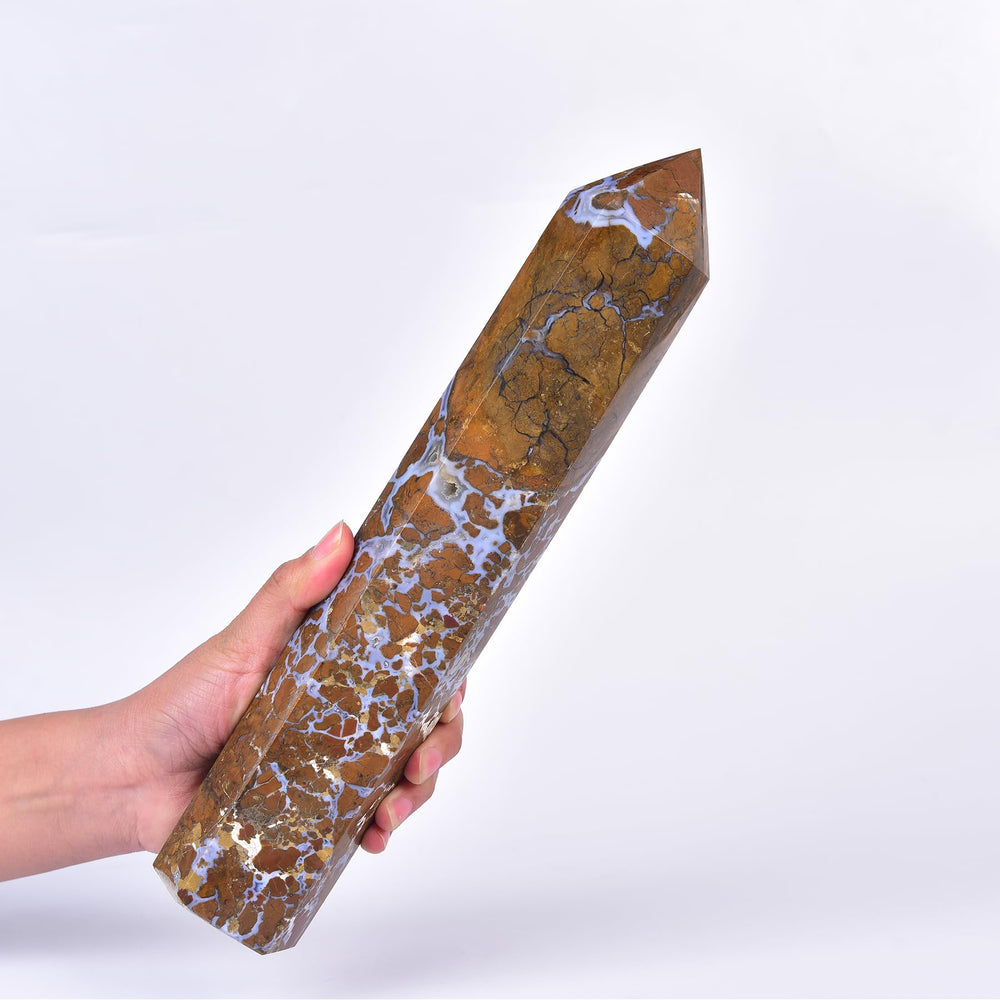 JIC Gem yellow agate geode obelisk tower, polished and tall, ideal for meditation.