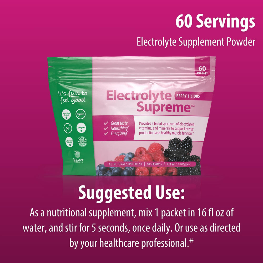 Jigsaw Electrolyte Supreme berry drink on a kitchen counter