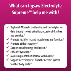 Jigsaw Electrolyte Supreme powder scoop beside berries
