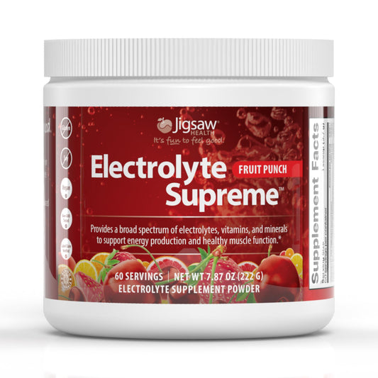 Jigsaw Health Electrolyte Supreme bottle front shows Fruit Punch flavor for on-the-go hydration